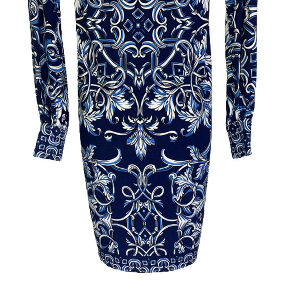 CACHE Navy Blue & White Filigree Print Long Sleeve Dress - Picture 6 of 11